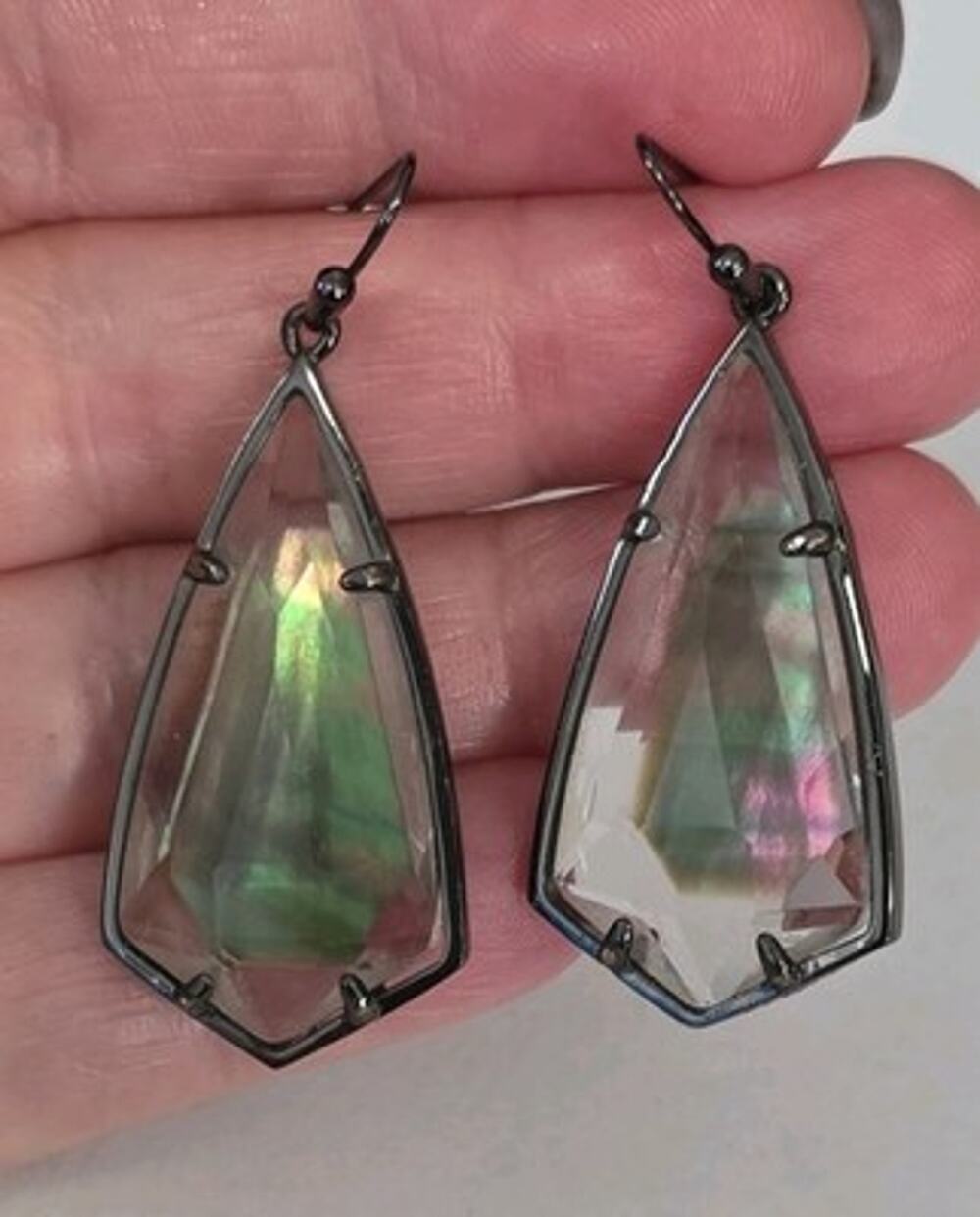 Kendra Scott Caroline Earrings Gunmetal Kite Shaped Frame Around Glass & Abalone